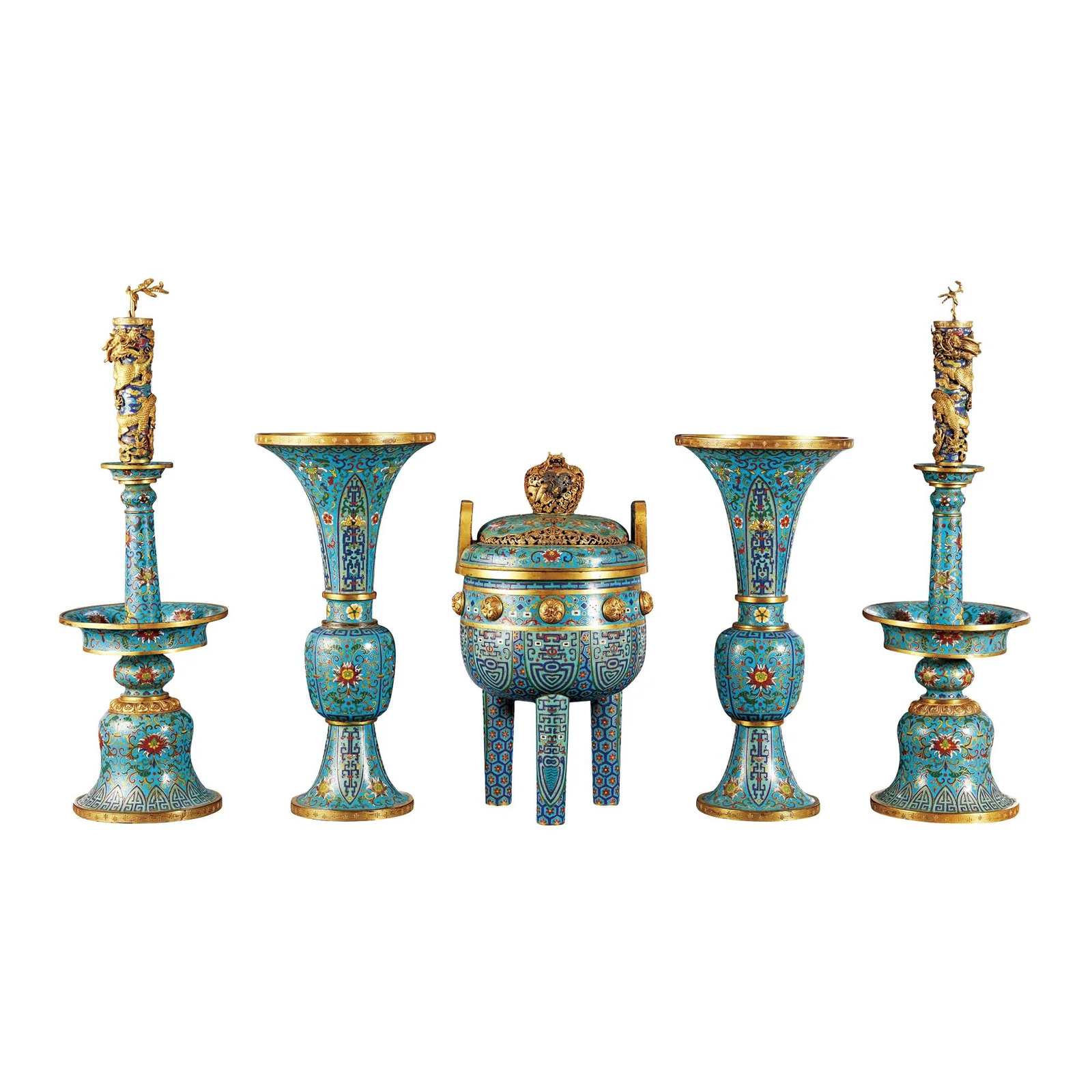 Cloisonné Enamel 'Lotus Scroll' Five-Piece Altar Set